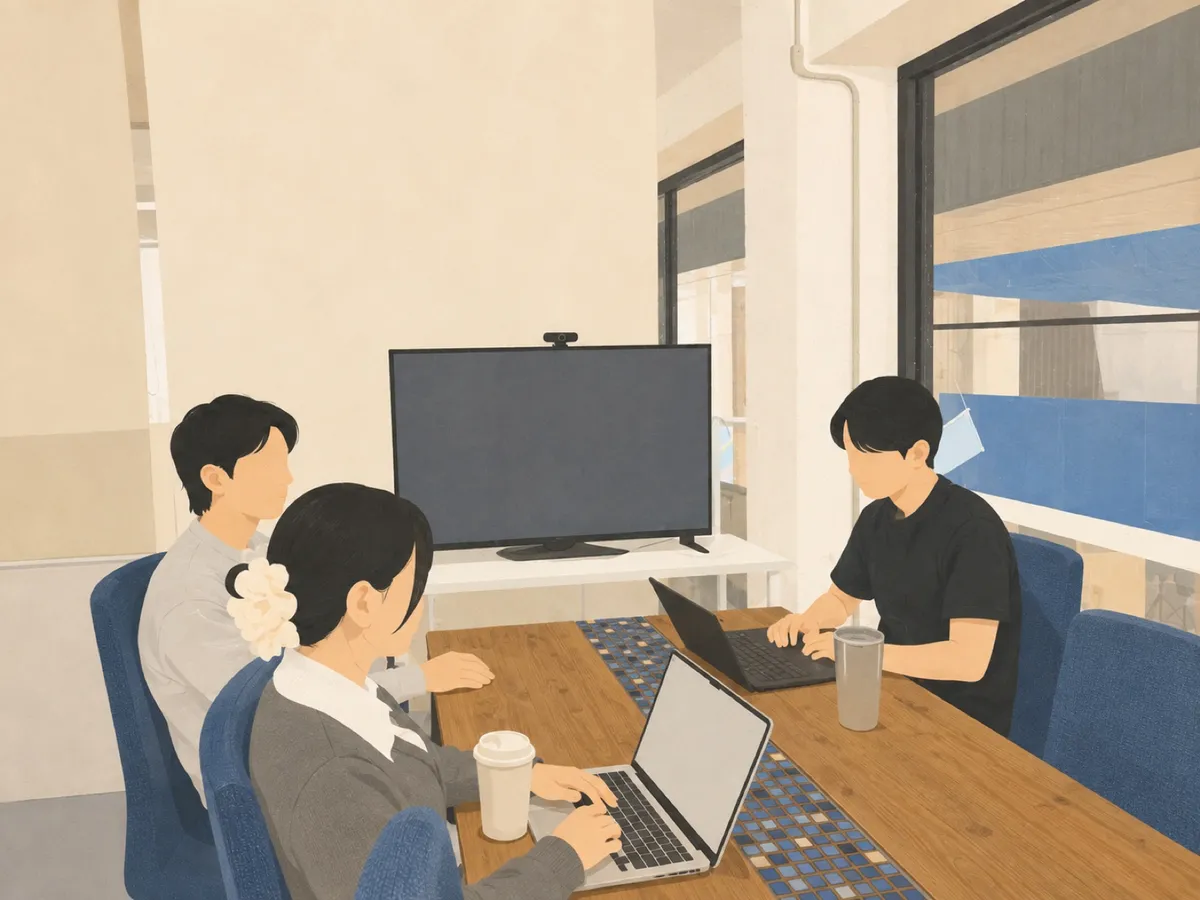 クライアントのチームと同じテーブルを囲み、一緒に手を動かすミーティングの風景（イラスト）